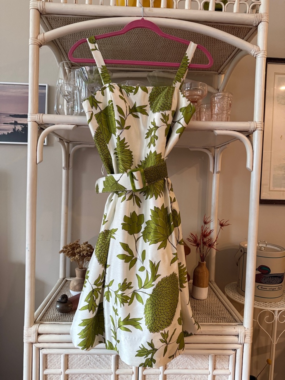 Sleeveless White Dress with Green Botanical Print and Belt